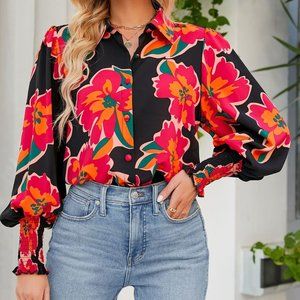 Printed bubble shoulder lantern long sleeve shirt